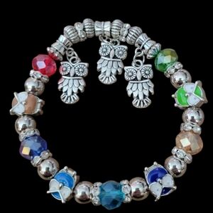 Multi color Bracelet with 3 owl charms and owl beads
